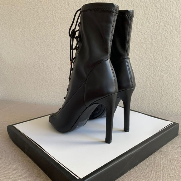 Black Lace up Peep Toe Bootie - Picture 3 of 6